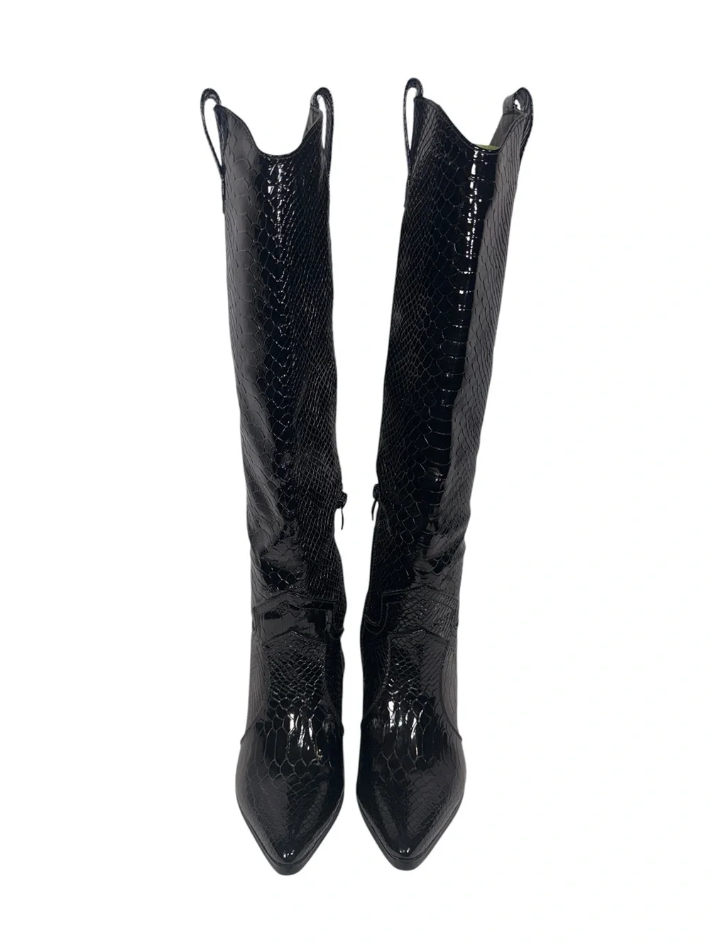 Black Glossy Snake-Embossed Knee-High Western Boots